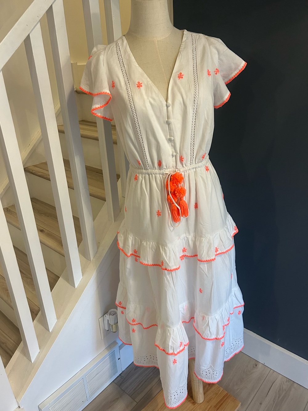 J. Crew boho prairie white lace ruffle dress with orange detail and tassel